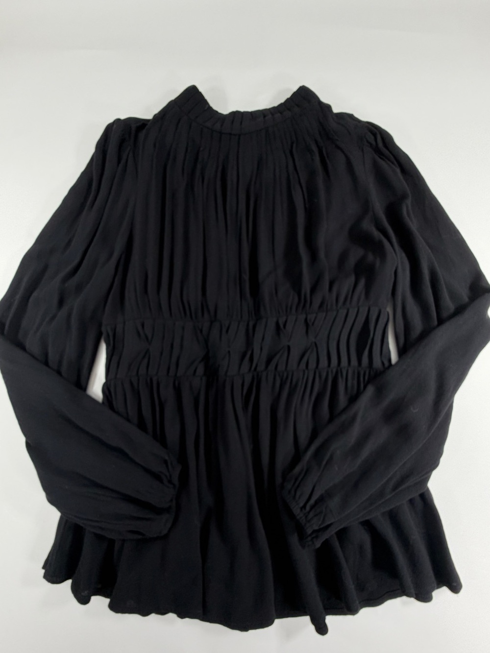 Böhme Cottagecore Peplum Blouse Black Smocked Mock Neck Balloon Sleeve M